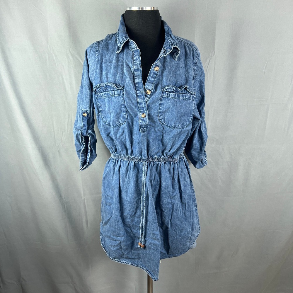 Speed Limit Mph Shirt Dress Womens XL Blue Denim Cinched Waist Roll Tab Sleeves